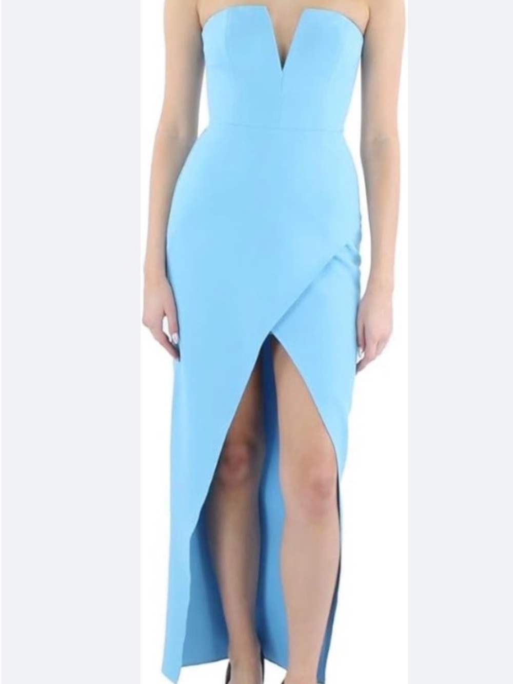 BCBGMaxAzria Light Blue Strapless V-Notch High-Slit Gown
